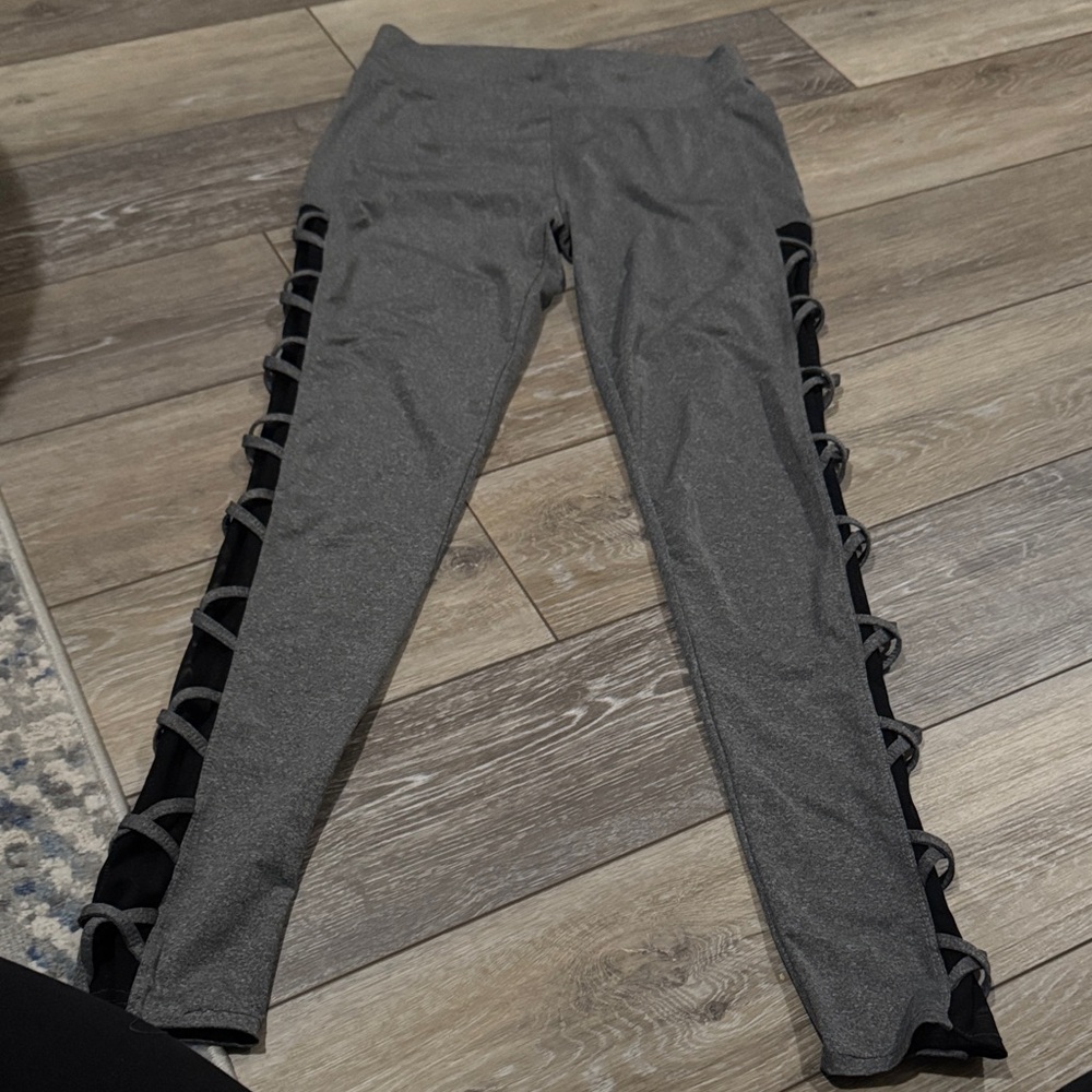 Elegant Gray and Black Lace-Up Leggings